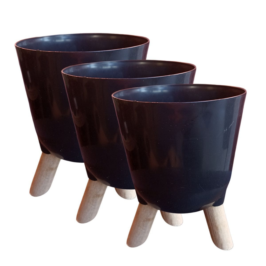 Kit 3 Vaso Cachepo Preto Centro de Mesa 15 Com Pé de Madeira Vasos Cachepot de Plástico Preto Para Planta Jardim Sala