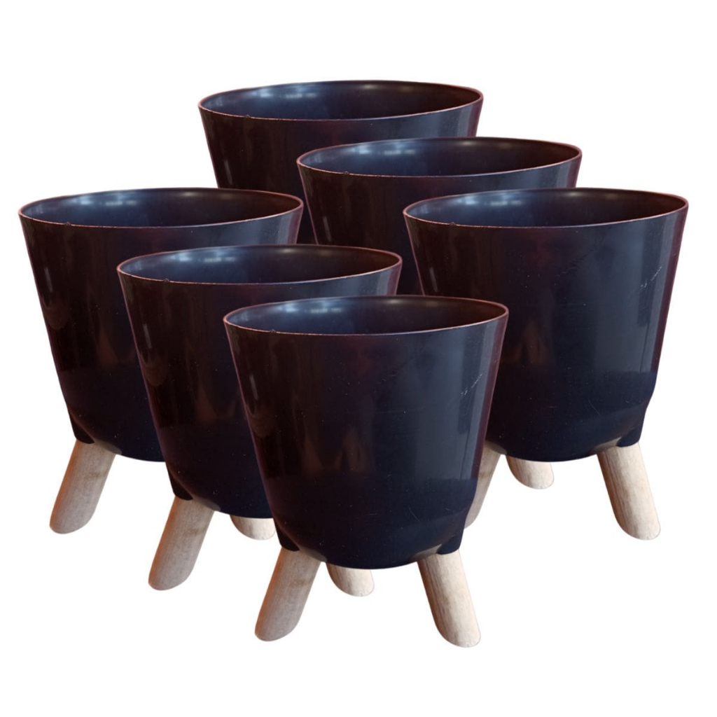 Kit 6 Vaso Cachepo Preto Para Centro de Mesa 15 Com Pé de Madeira Vasos Cachepot Plástico Preto Para Planta Jardim Sala