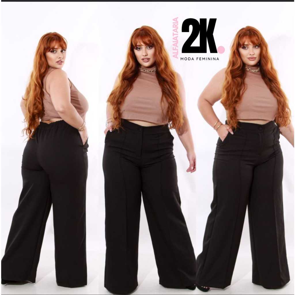 Calça Pantalona Alfaiataria Feminina Plus Size / Calça Social / Botão Forrado / Dois Bolsos