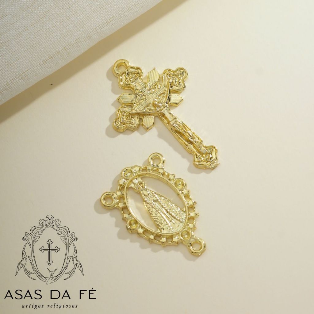10 Crucifixos + 10 Entremeios Nossa Senhora Aparecida Para Terço Dourado Para Terço
