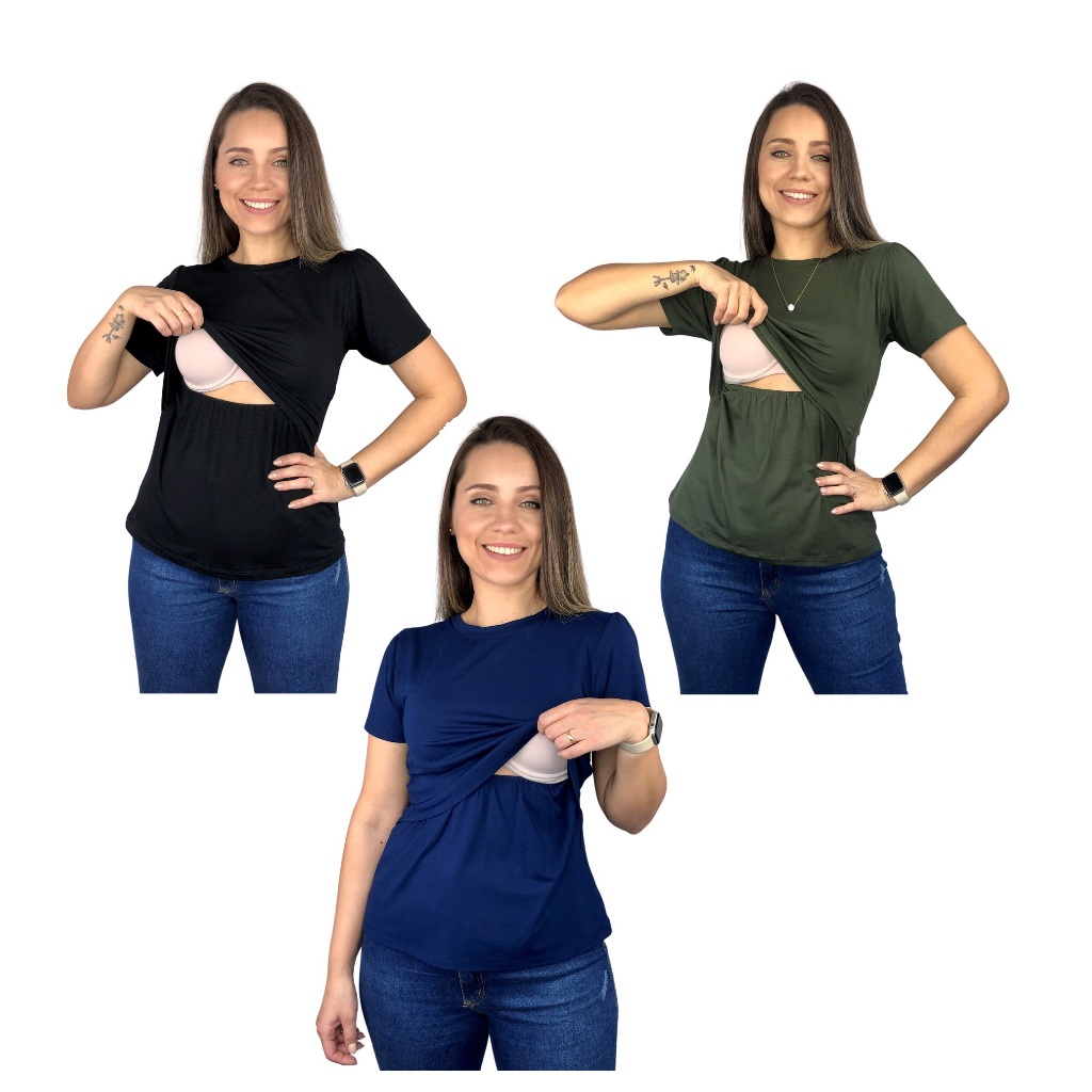 Kit 3 Blusa Amamentação Diversas Cores Viscolycra Premium Camiseta Manga Curta Gestante Amamentar em Oferta na Shopee