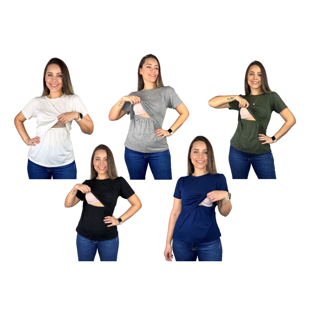 Kit 5 Blusa Amamentação Diversas Cores Viscolycra Premium Camiseta Manga Curta Gestante Amamentar em Oferta na Shopee