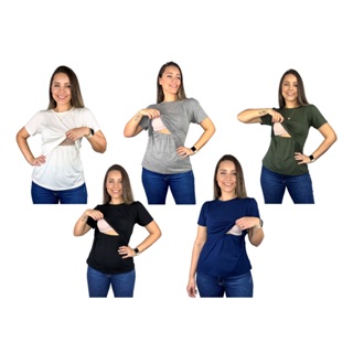 Kit 5 Blusa Amamentação Diversas Cores Viscolycra Premium Camiseta Manga Curta Gestante Amamentar em Oferta na Shopee