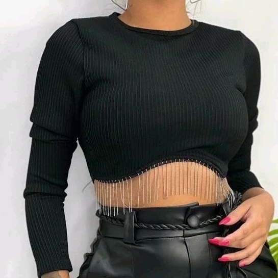 cropped franja manga longa