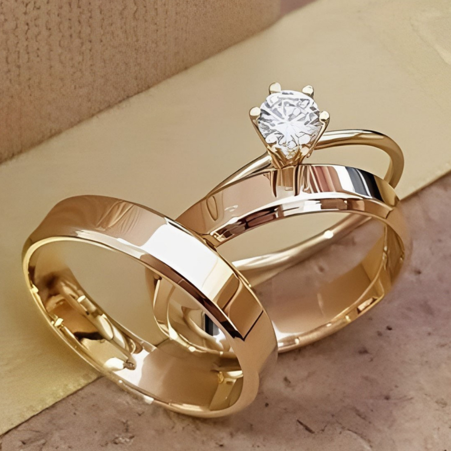 Par De Aliança Casamento e Anel Solitário Para Noivado Chanfrada Fina 4mm