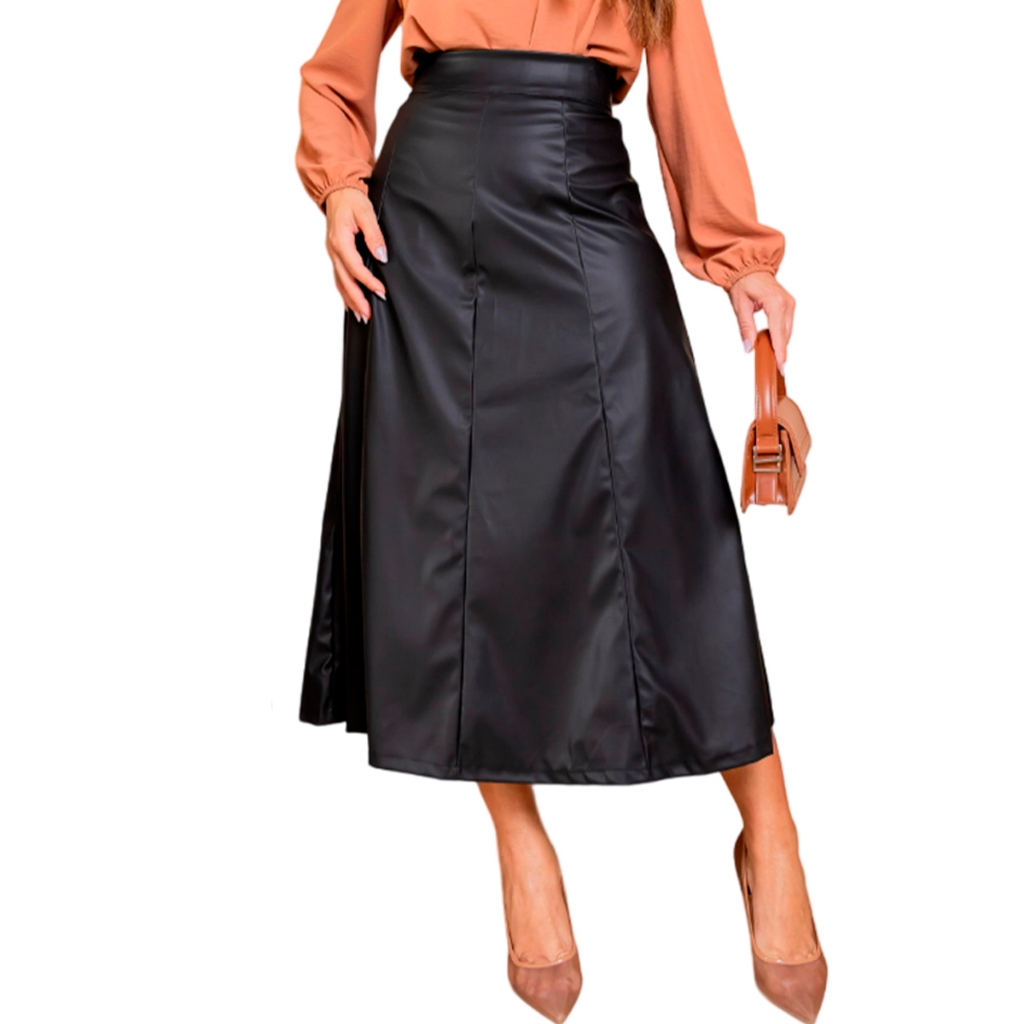 "Saia Longa Godê em Couro Sintético: Elegância Moderna - Ideal para um Look Sofisticado e Prático!" em Oferta na Shopee