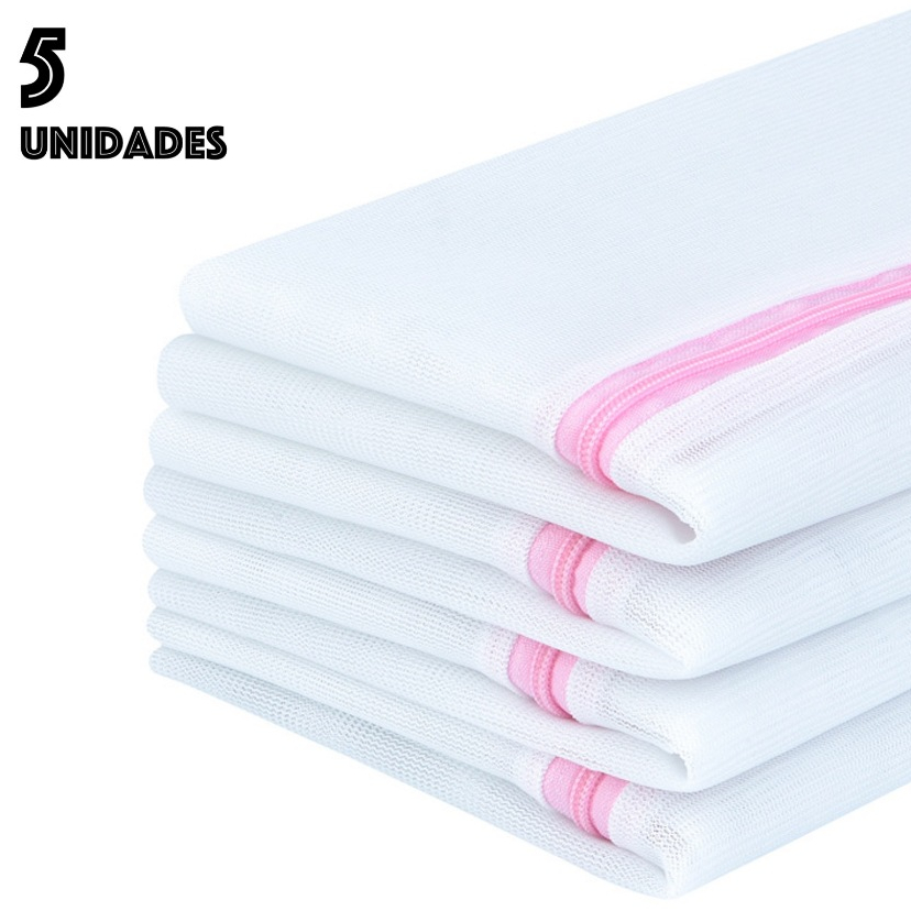 Kit 5 Sacos Lavar Roupas Protetor De Lingerie Roupa Íntima Tecido Delicado Papa Bolinha Máquina 30x40cm