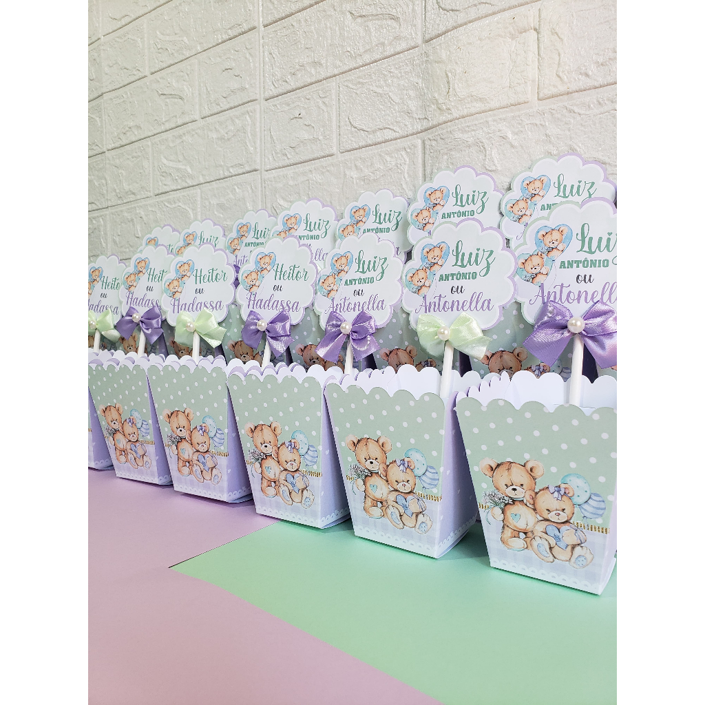5 un Centro de mesa cachepot personalizado chá revelação ursinhos príncipe e princesa verde e lilás pegue e monte