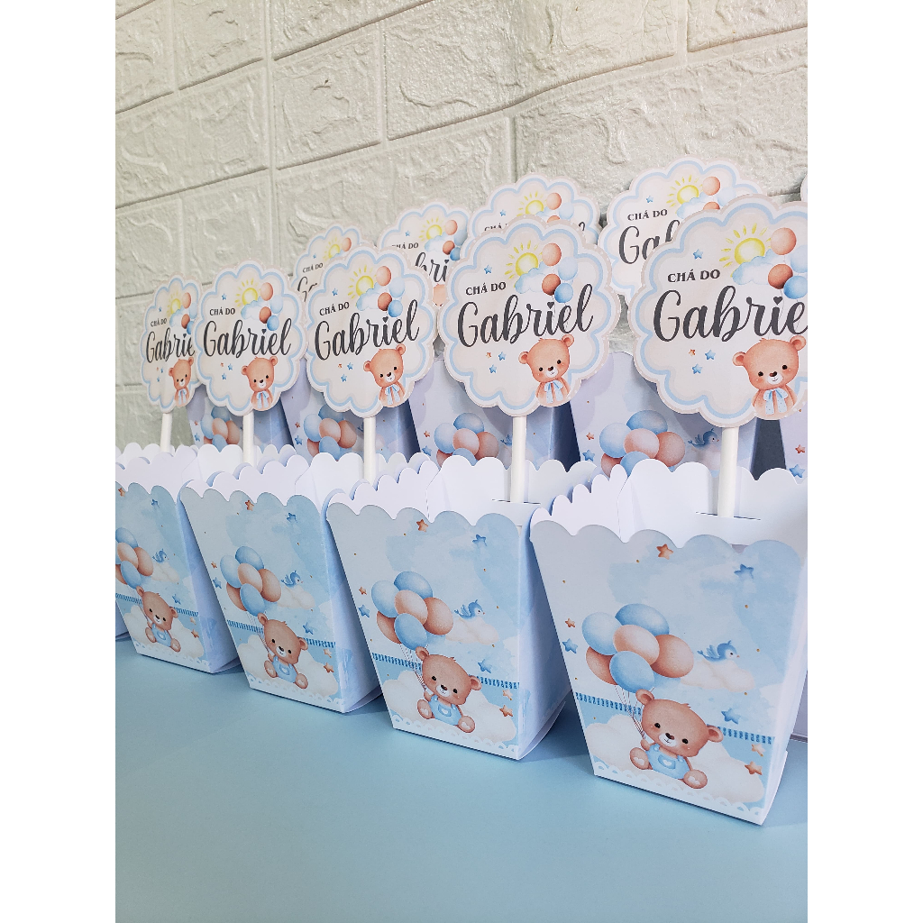 5 Unid Kit Centro de mesa cachepot personalizado chá de bebê - chá fraldas - chá revelação - azul menino ursinho azul