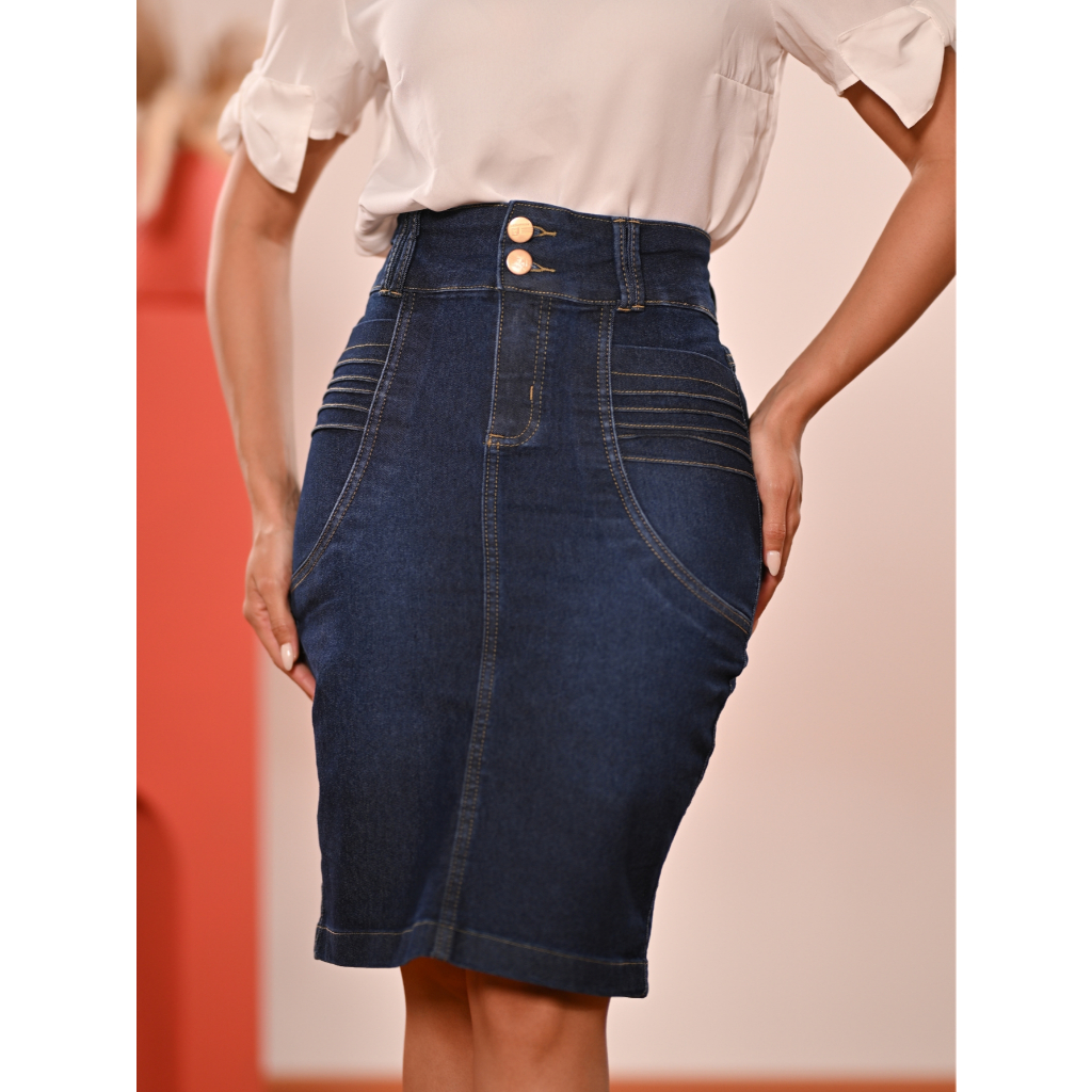 Saia Jeans Feminina Evangélica Anagrom Detalhe Recorte Plissado na Frente