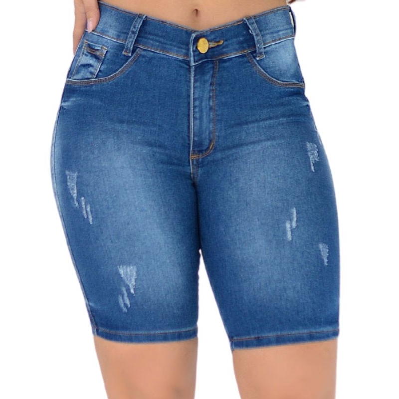 Short Jeans Com Laycra Ciclista Feminino Com Elastano Levanta Bumbum