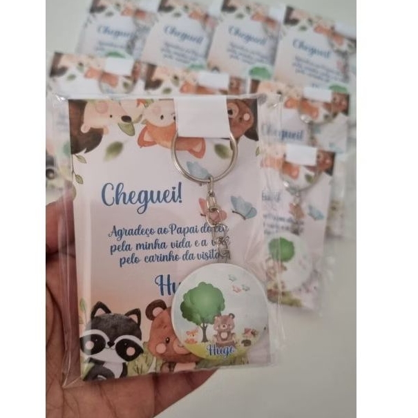 kit Lembrancinha Maternidade Bosque Menino Personalizado com Nome do Bebê Bloquinhos + Chaveiros Lembrança