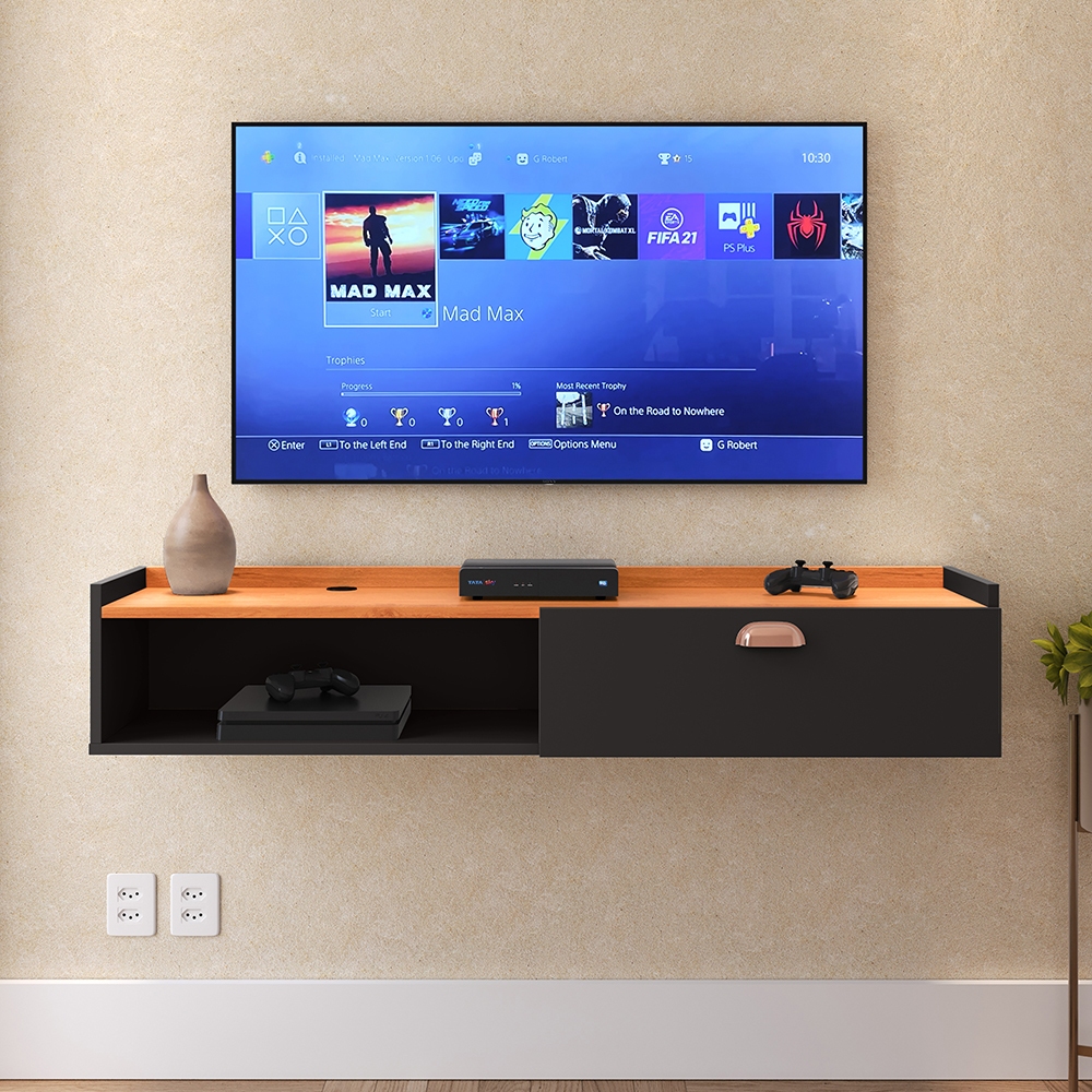 Rack Suspenso Home Tv 32 42 50" 1 Porta Puxador Concha Decoração Sala Estar Quarto Pequeno...