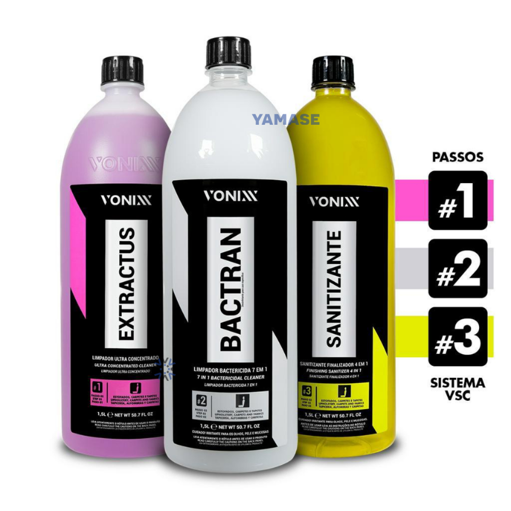 Kit Sistema VSC Vonixx Limpeza Veicular Automotivo de Estofados e Carpets 1,5L Extractus Bactran Sanitizante