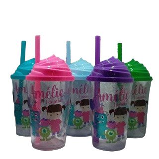 KIT COPO TWISTER PERSONALIZADO 300ML MONSTROS S/A BABY (TAMPA CHANTILLY) em Oferta na Shopee