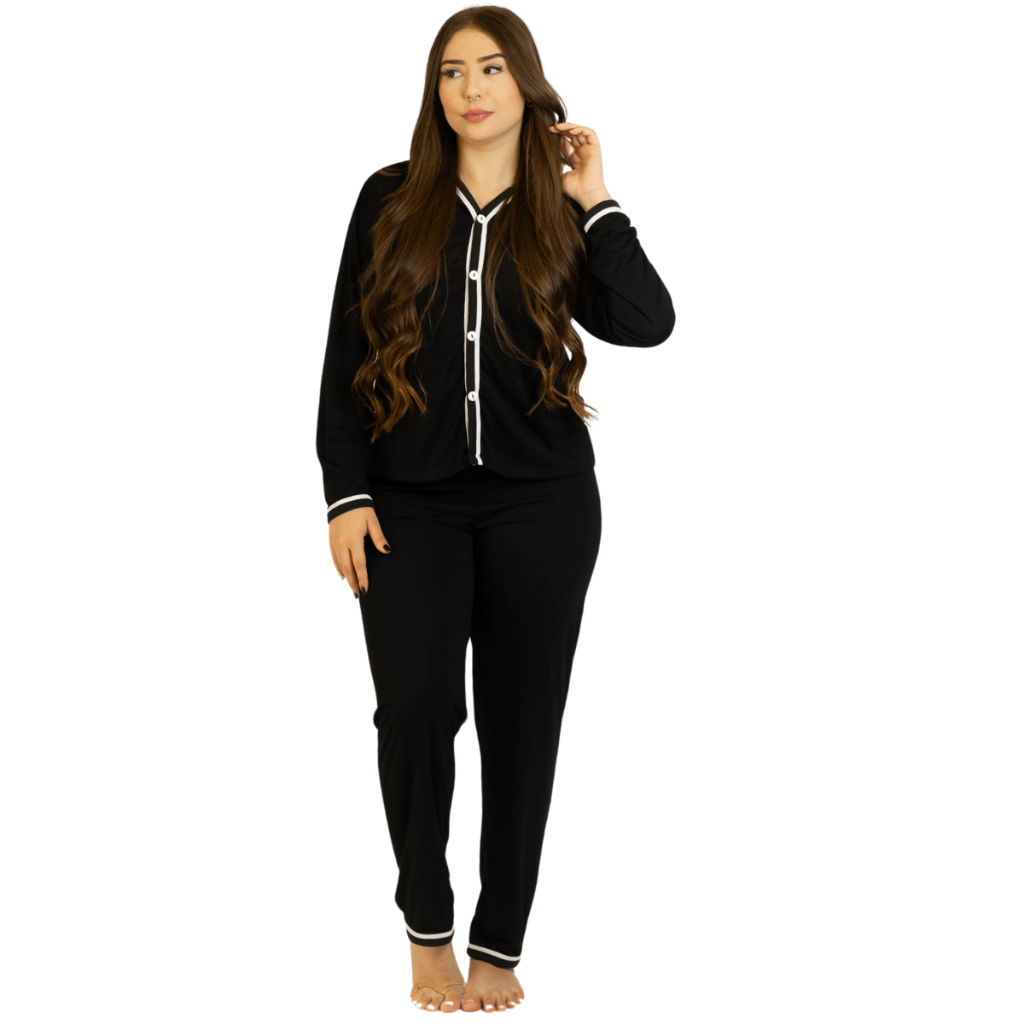 Pijama Longo Americano de Botão Feminino Adulto - Roupa de Dormir Inverno