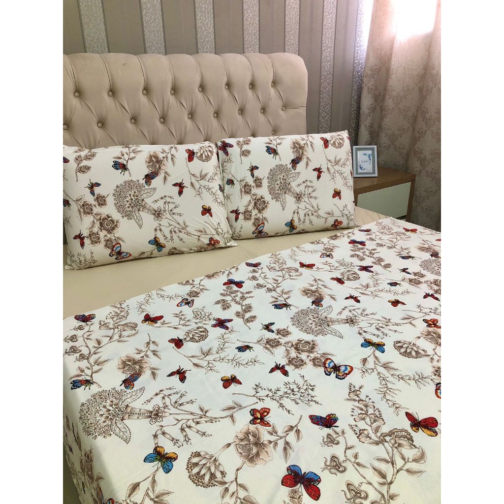 Kit Jogo de Cama Casal Queen 04 Peças Malha 100% Algodão Roupa de Cama Quarto Borboletas