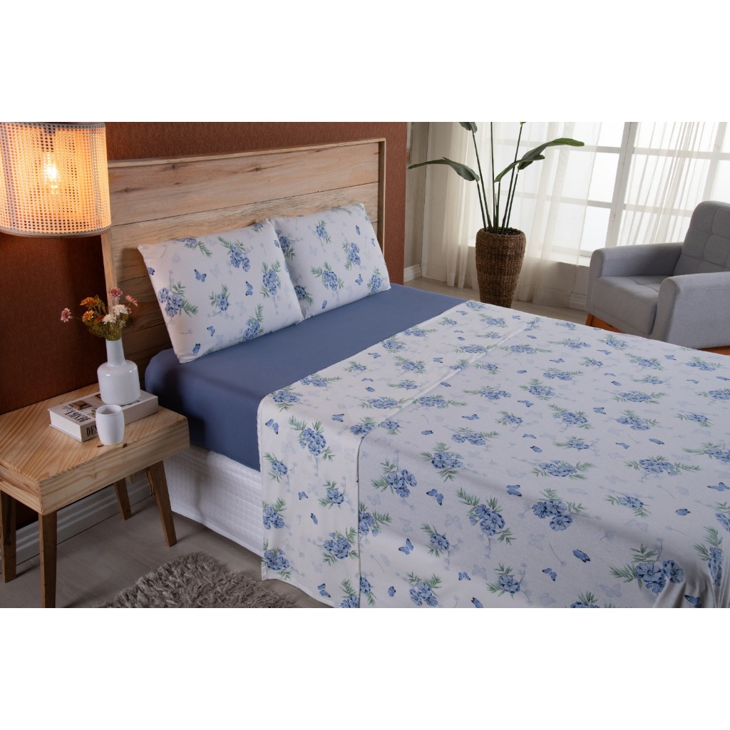Kit Jogo de Cama Casal Queen 04 Peças Malha 100% Algodão Roupa de Cama Quarto Azul Flores Azul Verde