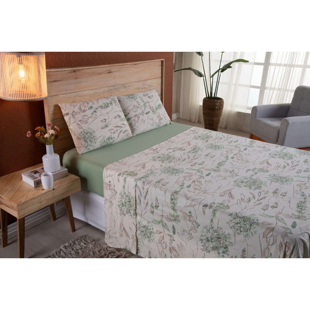 Kit Jogo de Cama Casal Queen 04 Peças Malha 100% Algodão Roupa de Cama Quarto Verde Bege Flores