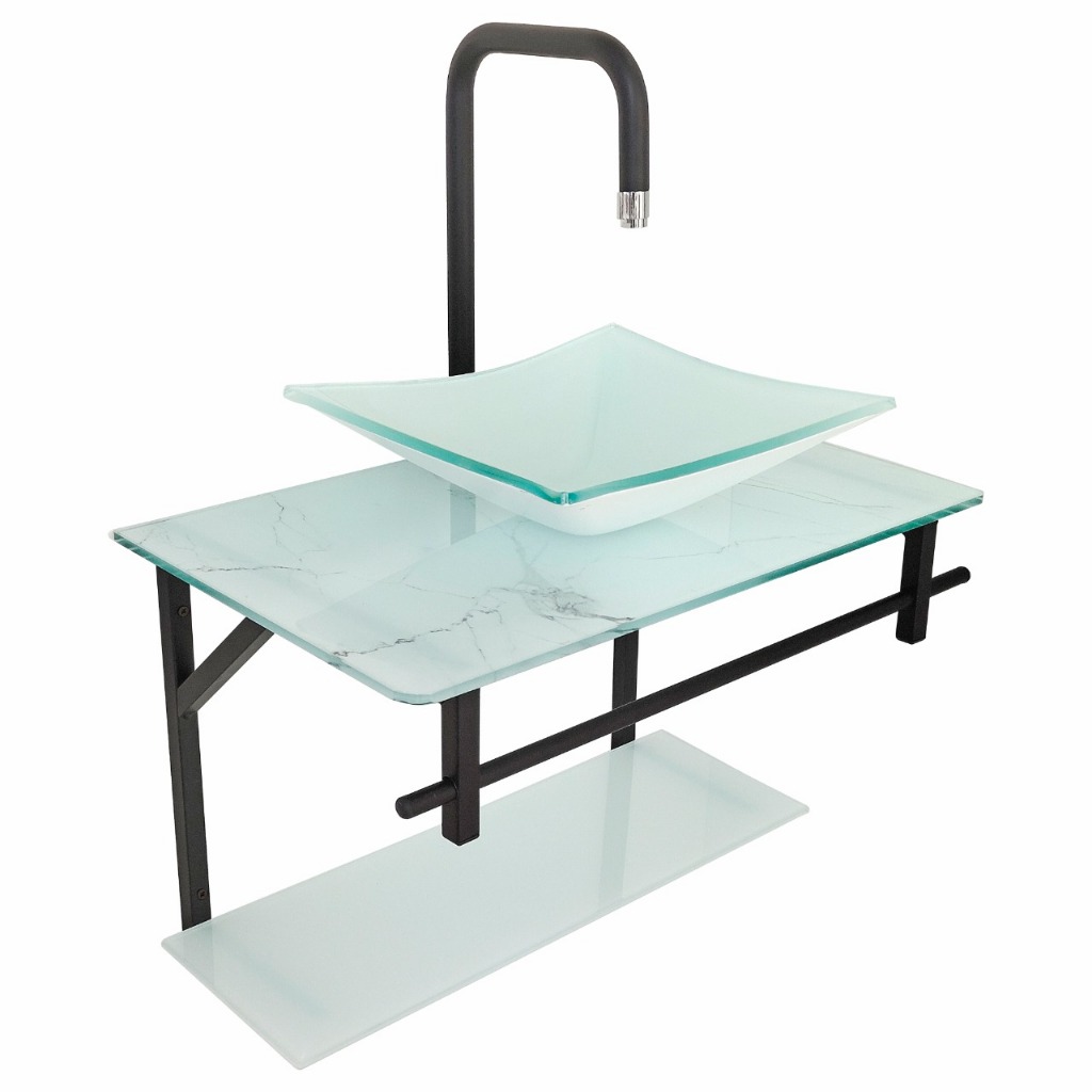 Kit Lavatório De Vidro 48cm - Marmorizado Branco - com prateleira e toalheiro
