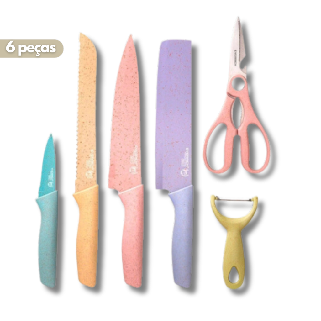 Jogo de Facas 6 Pecas Aco Inoxidavel Alta Resistencia Kit Faca Colorido Cores Pasteis Utilidades Domesticas Cozinha