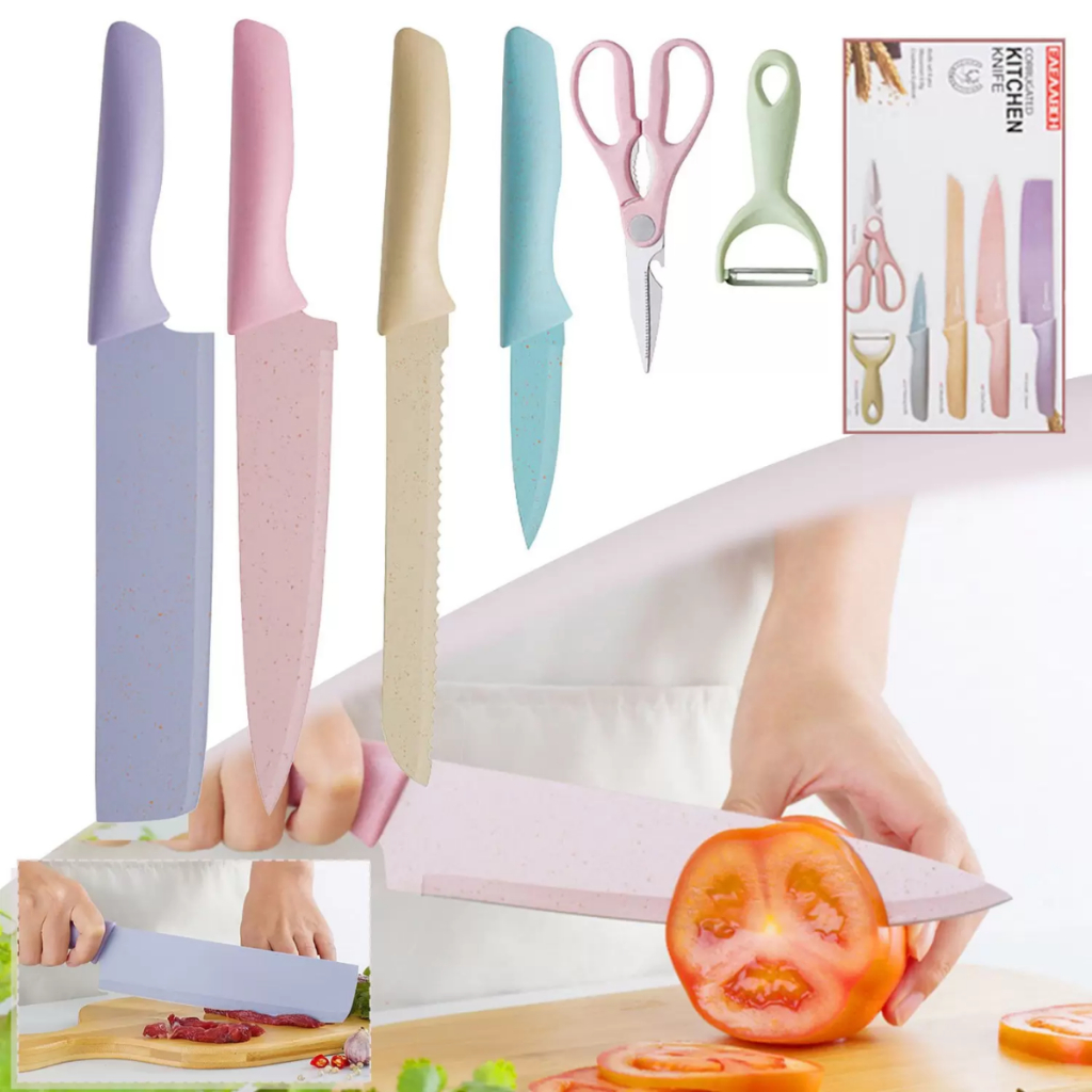 Jogo de Facas 6 Pecas Aco Inoxidavel Alta Resistencia Kit Faca Colorido Cores Pasteis Utilidades Domesticas Cozinha
