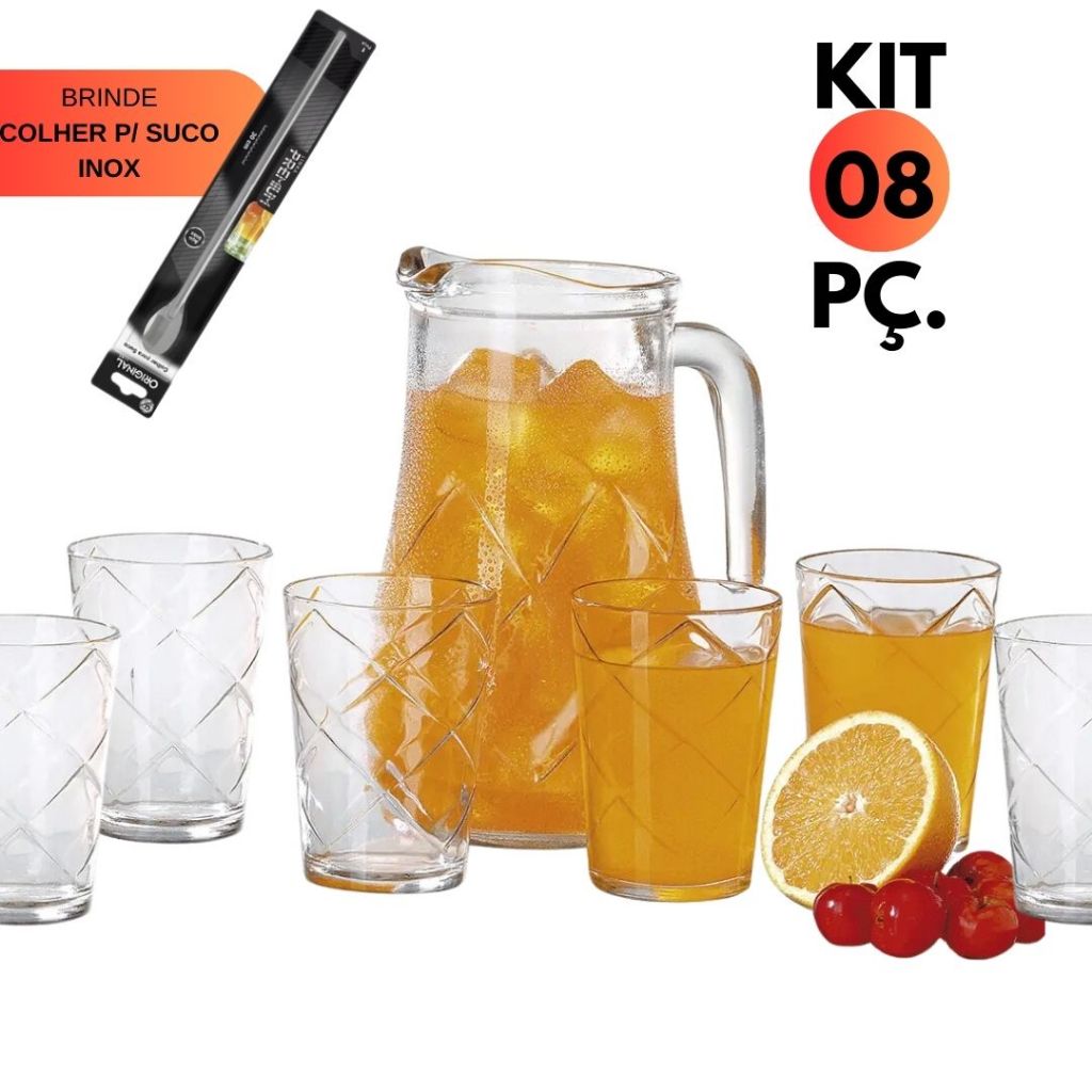 Kit Jogo 08 Peças Vidro Duralex C/ 01 Jarra 1.5L+ 06 Copo 265ML Maracatu+ 01 Colher Bailarina Inox P/ Suco Drinks Buffet