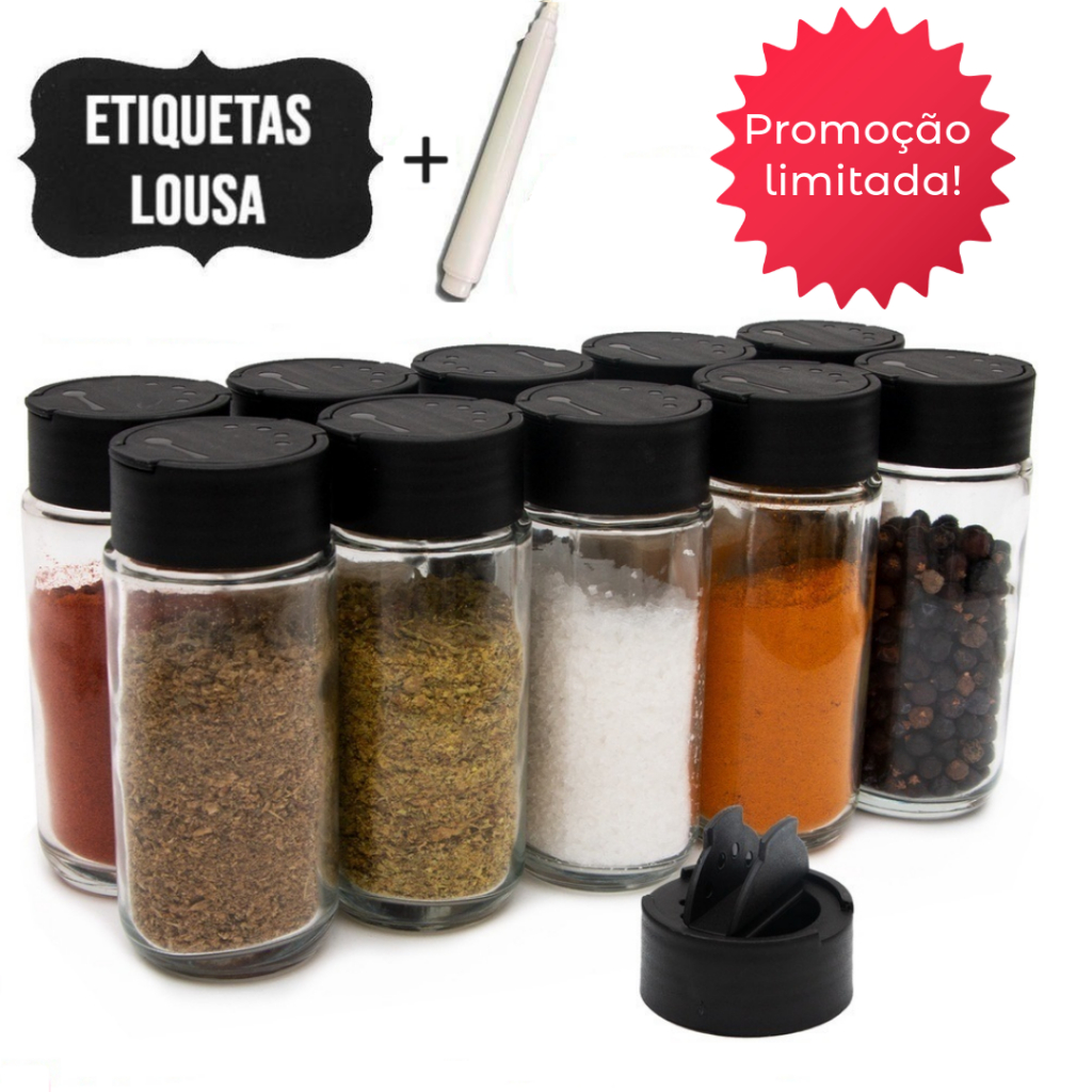 Kit 18 Potes Tempero Condimentos + Caneta e Etiquetas 100 ml