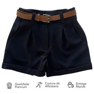 Short Alfaiataria Feminino Com Bolso Com Cinto Cintura Alta Social Promoção