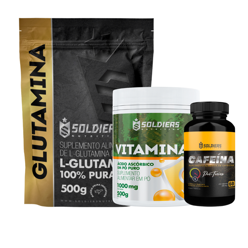 Kit: Cafeína 60 Caps 200mg + Vitamina C Em Pó 500g + Glutamina 500g - 100% Puro Importado - Soldiers Nutrition