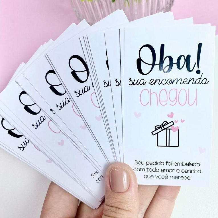 Cartão Agradecimento para seu cliente com frase Oba Sua Encomenda Chegou 5x9 cm em Oferta na Shopee