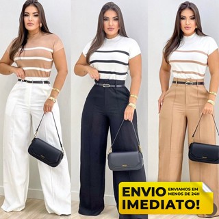 Calça Social Feminina ZARA Pantalona Alfaiataria Com Cinto Lançamento Moda Zr Luxo Eleganc...