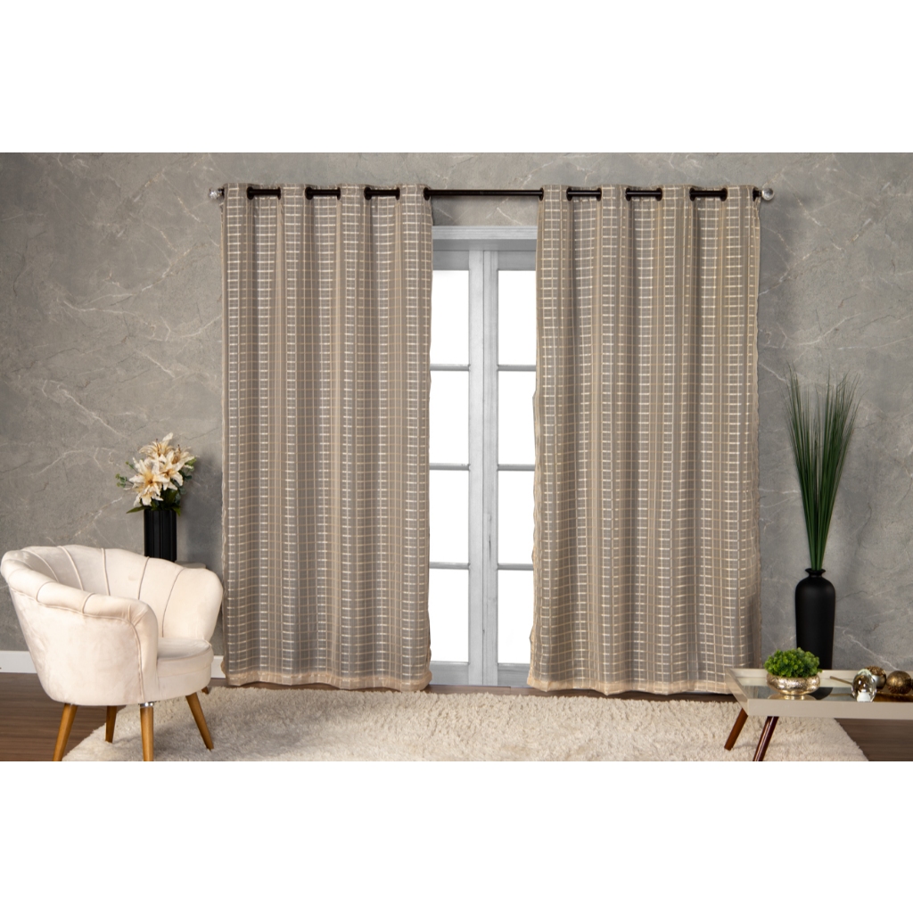 Cortina Blackout prata com Voil Xadrez 2,80 m x 2,30 m Decoração Sala Quarto