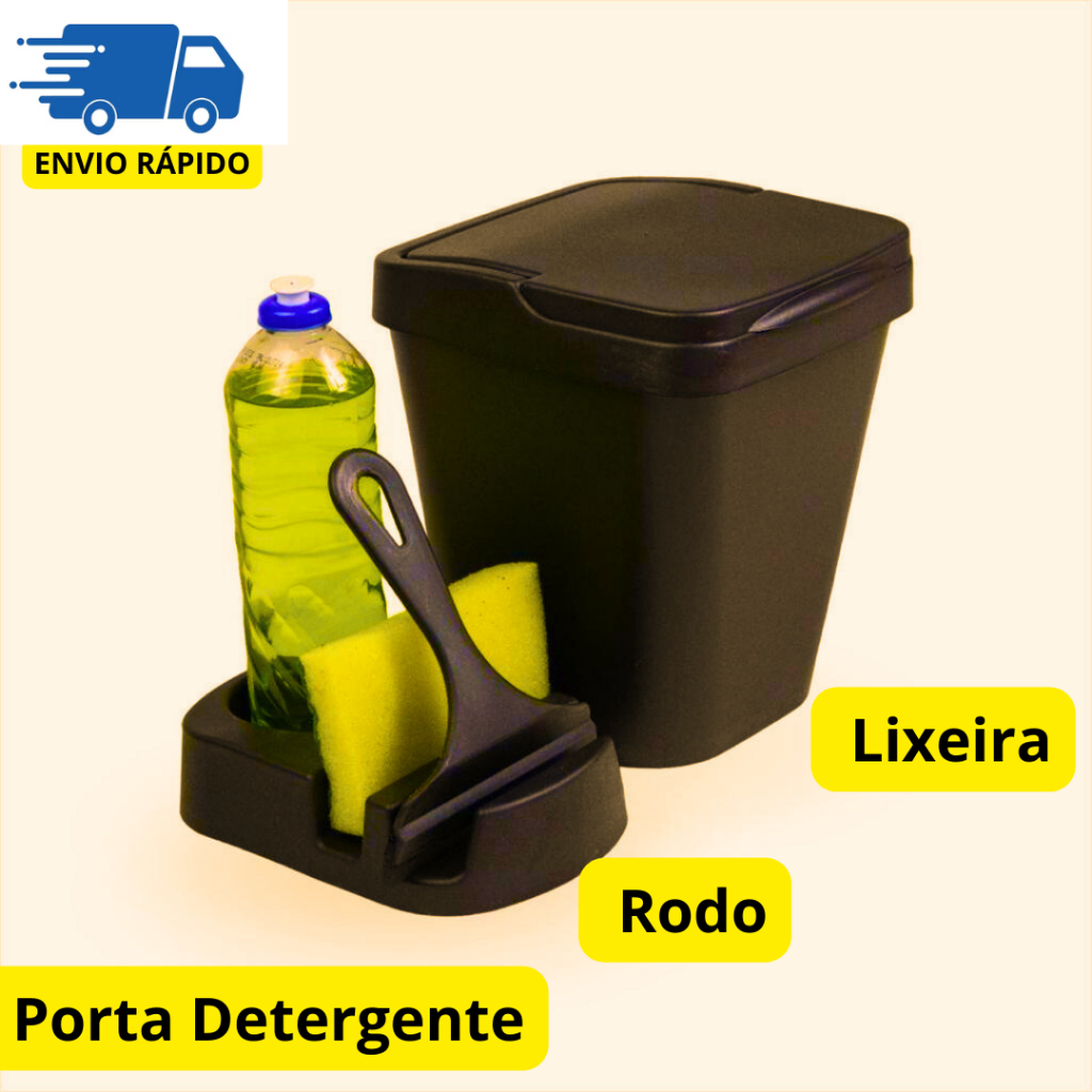 Kit Pia De Cozinha 3 Itens Lixeira Porta Detergente 5 Unidades Esponja Rodinho Casa 4.8 litros