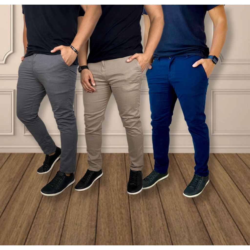 KIT 3 Calças SARJA Masculina Casual Sport Fino Lycra Slim em Oferta na Shopee