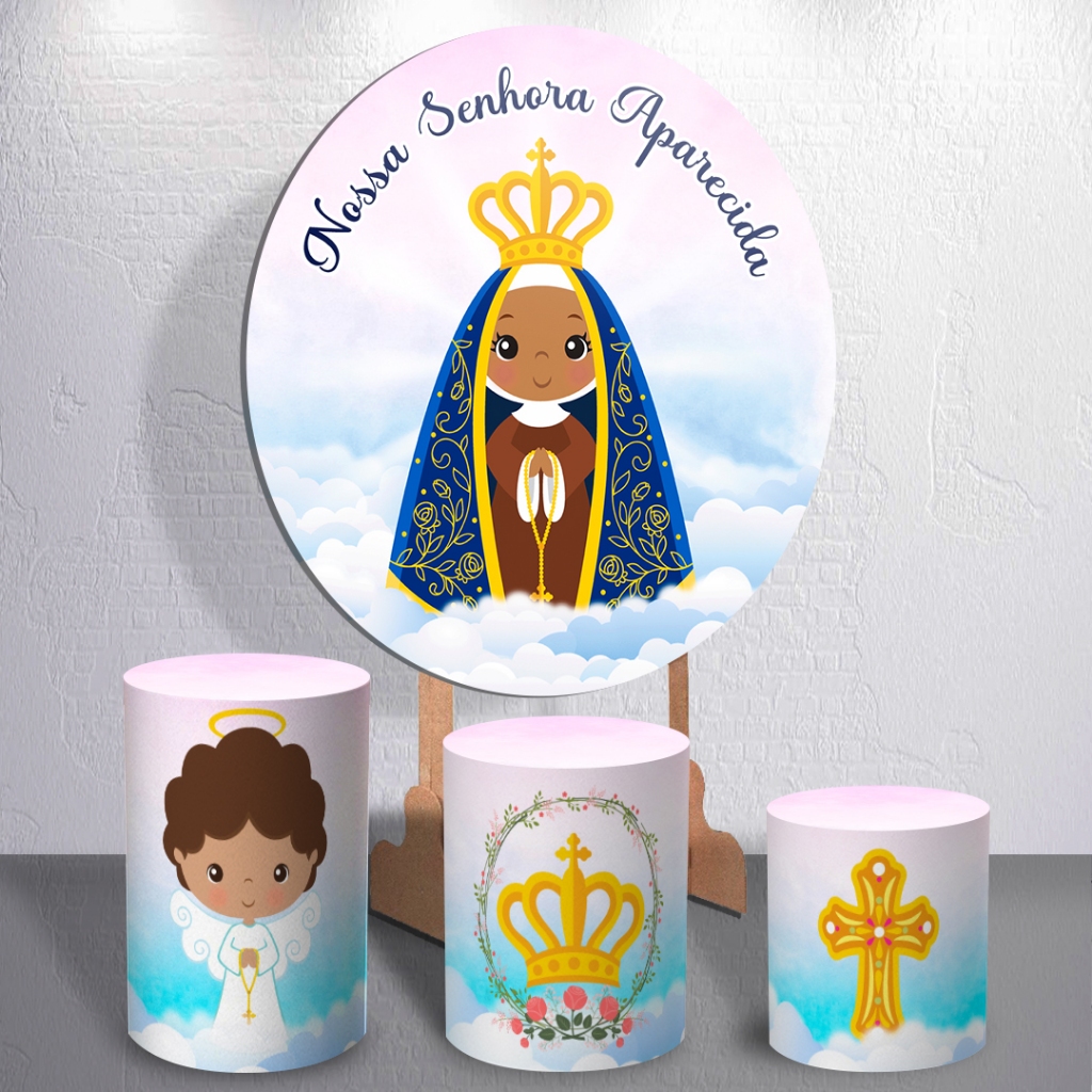 Kit Painel de Festa Com Trio Capas de Cilindro Santinhos Decoração Tema Catolico Nossa Senhora