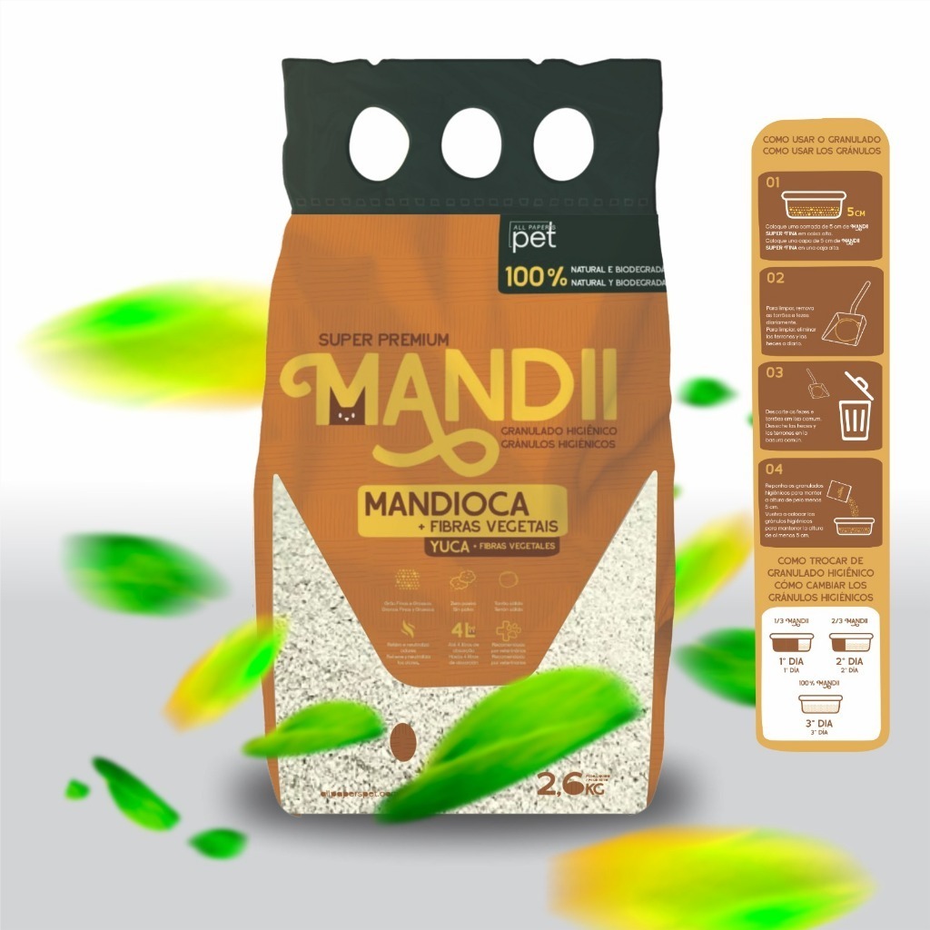 Granulado Sanitário para Gatos Areia Higiênica de Mandioca com Fibras Vegetais 100% bio mandii