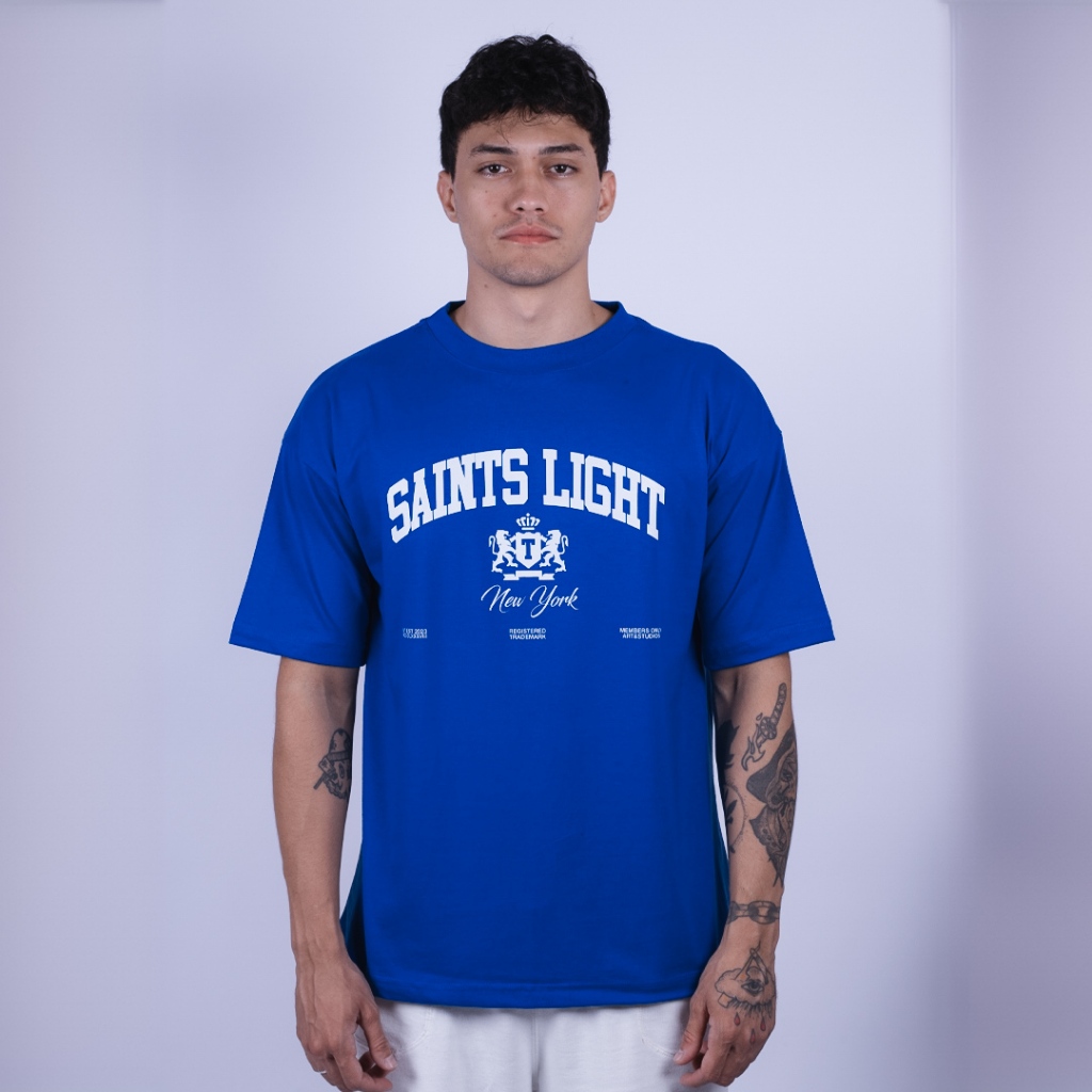 Camiseta OVERSIZED estampada Azul blusa camisa Streetwear em algodão 30.1 modelo Saint Lights New York Azul Premium OVERSIZED