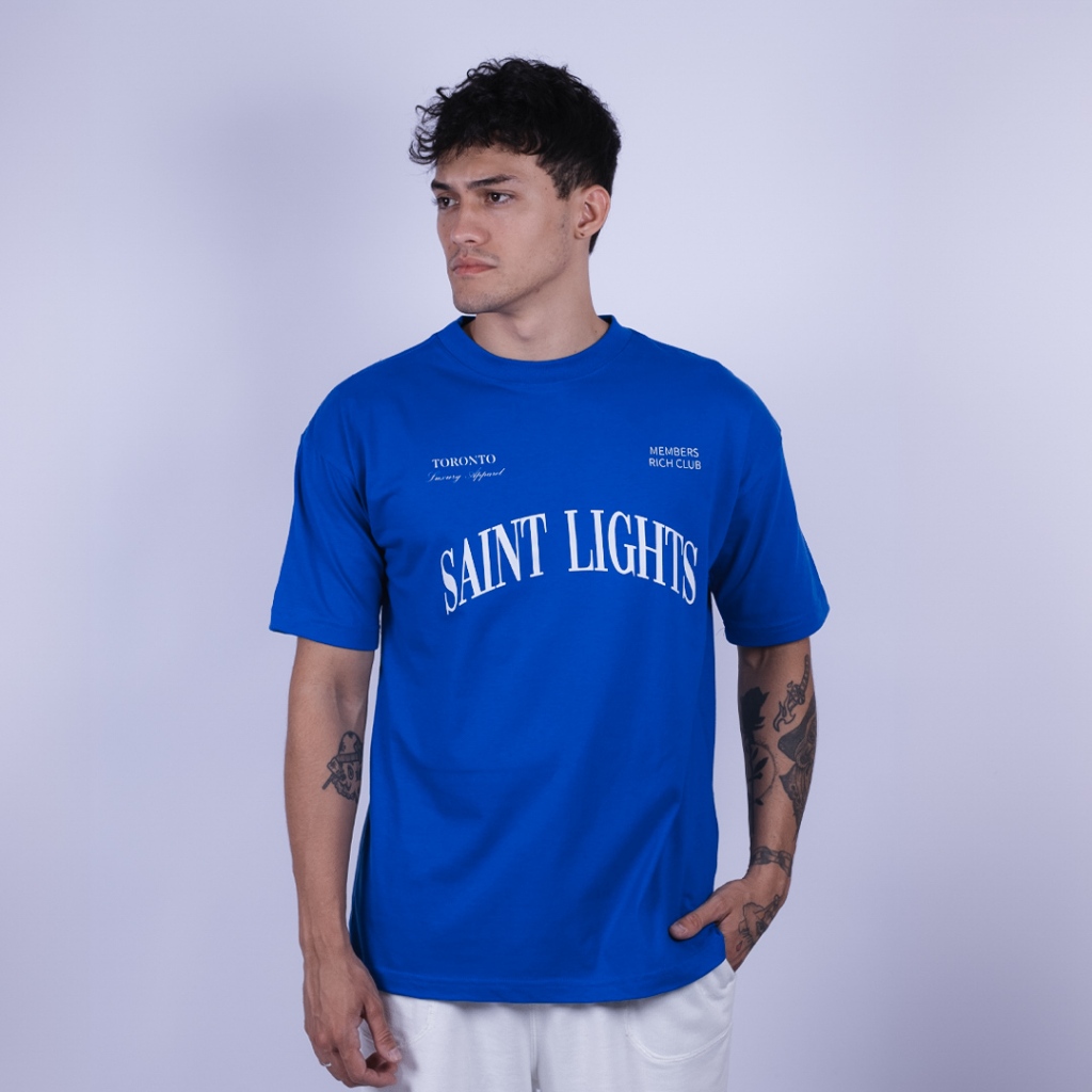 Camiseta OVERSIZED estampada Azul blusa camisa Streetwear em algodão 30.1 modelo Saint Lights Azul Premium OVERSIZED