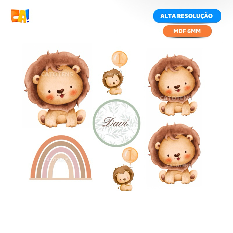 Kit 7 Displays de chão e mesa 25cm, 60cm e 80cm Leão aquarela cute, Arco-íris boho e plaquinha personalizada - Festa 1 ano Leãozinho Safari