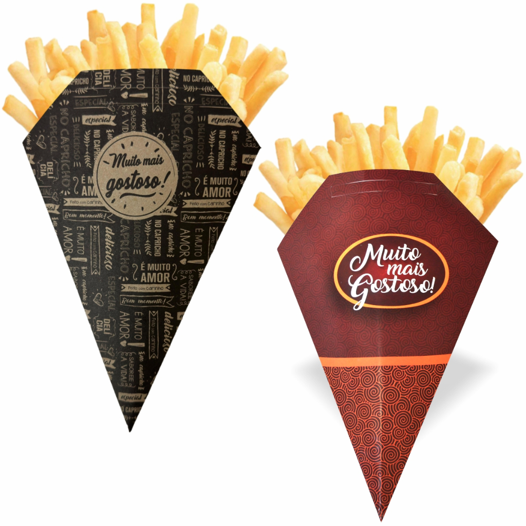 (50 e 100 Unid.) Cone Para Batata Frita Porção Com Porta Molho P, M e G em Oferta na Shopee