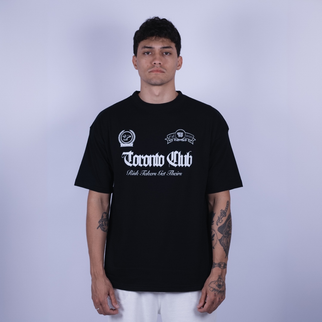 Camiseta OVERSIZED estampada Preta blusa camisa Streetwear em algodão 30.1 modelo Toronto Club Premium OVERSIZED
