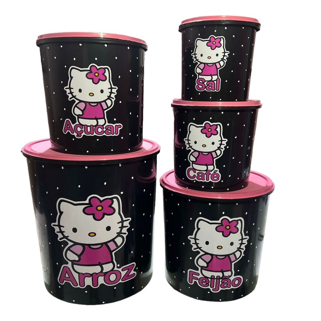 kit 5 peças jogo vasilhas potes redondo mantimentos hello kitty em Oferta na Shopee