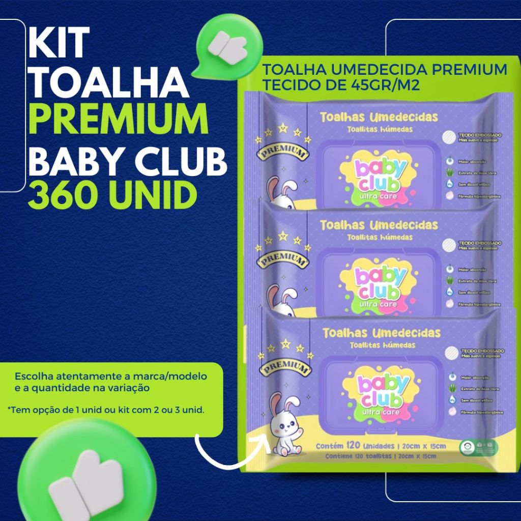 Kit Toalhinhas umedecidas Premium de 120 unid - Baby Club em Oferta na Shopee