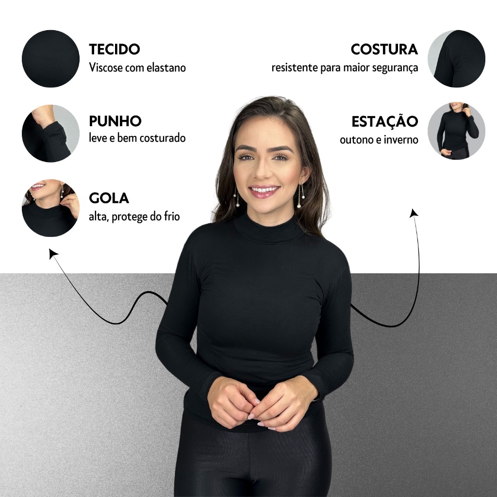 Blusa Cacharrel Gola Alta Feminina Camisa Manga Longa Lisa