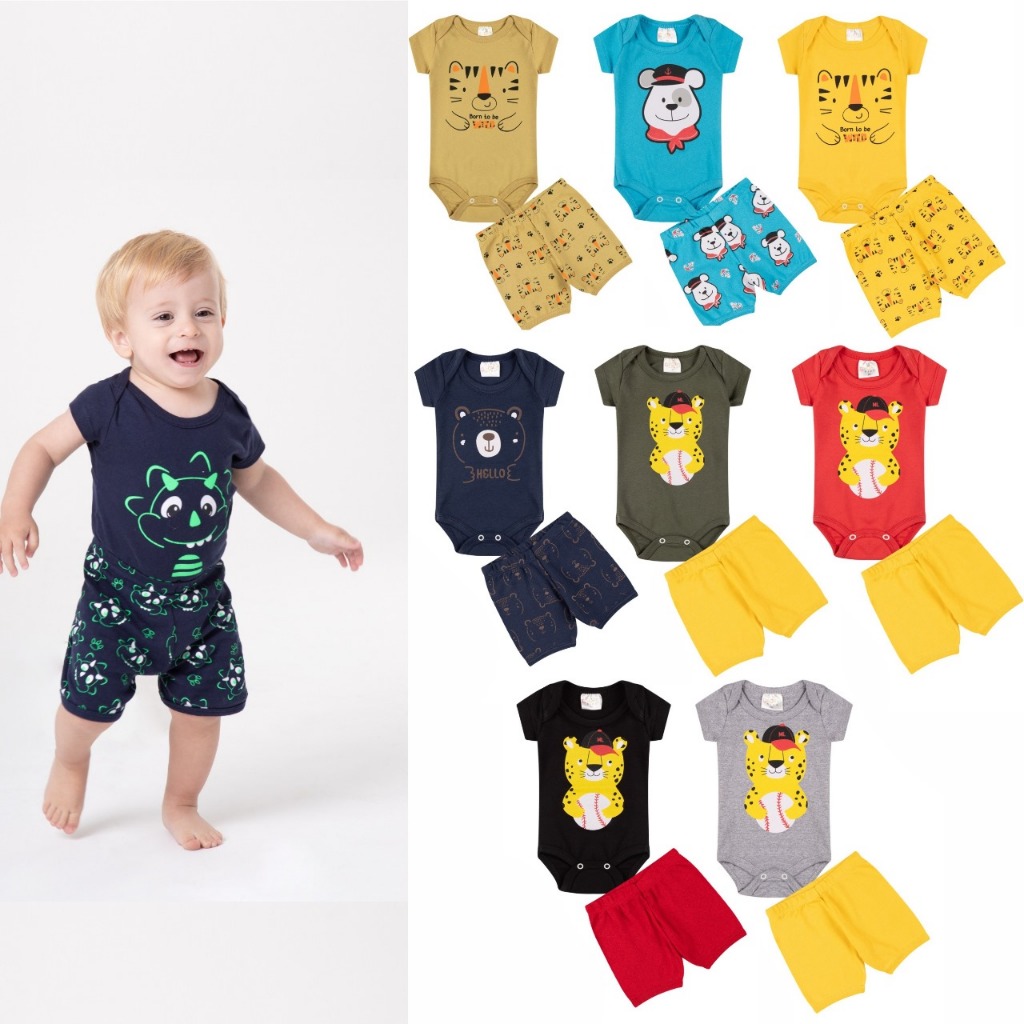 Kit 8 Peças Body Bebe Verão Menino/Masculino - 4 body + 4 Shorts = 4 Conjuntos C/ Estampas Sortidas em Oferta na Shopee