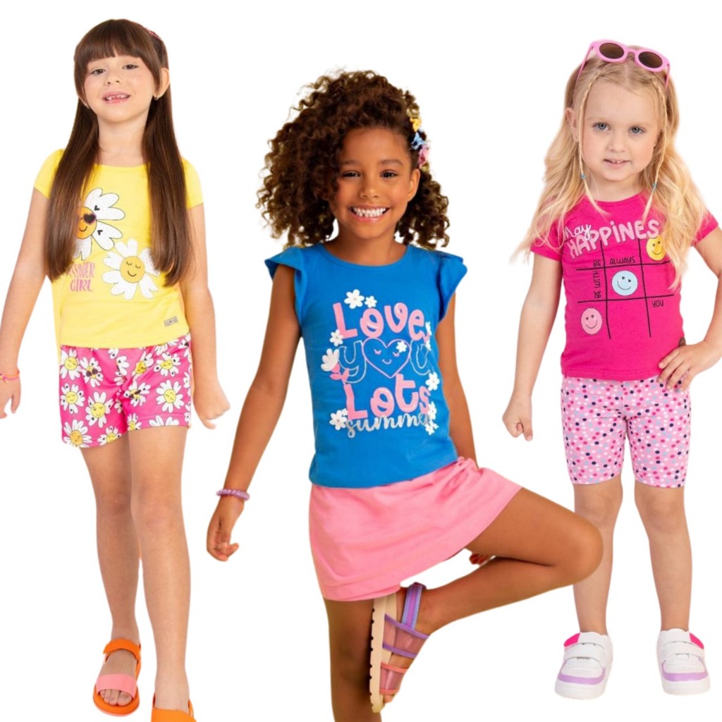 Kit Sortido 6 Peças de Roupas Infantil Menina- 3 Camisetas + 3  Bermudas - Kit com 3 Conjuntos de Roupa Infantil Menina