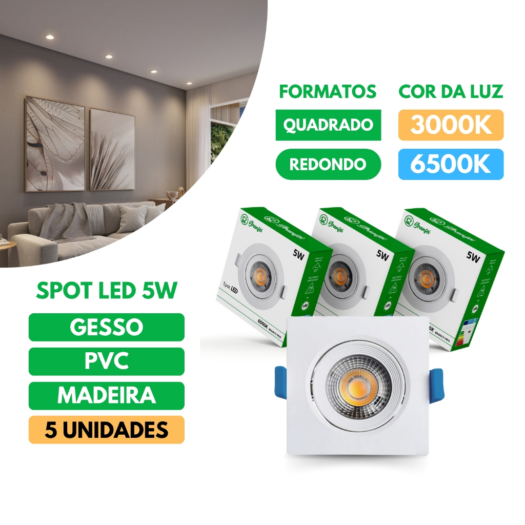 Kit 5 Luminária Led Spot 5W Redondo Quadrado Embutido Branco Frio Quente 3000k 6500k Bivolt