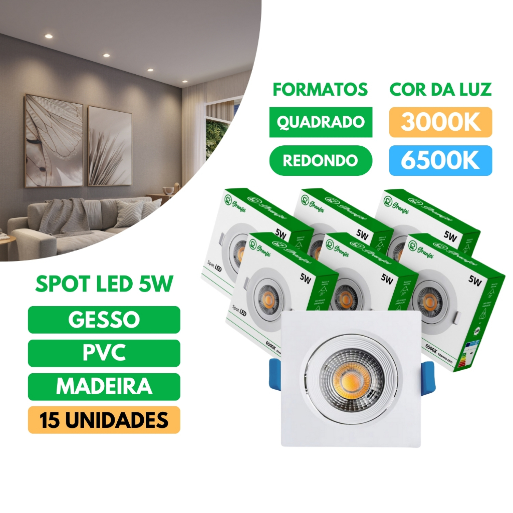 Kit 15 Luminária Led Spot 5W Redondo Quadrado Embutido Branco Frio Quente 3000k 6500k Bivolt
