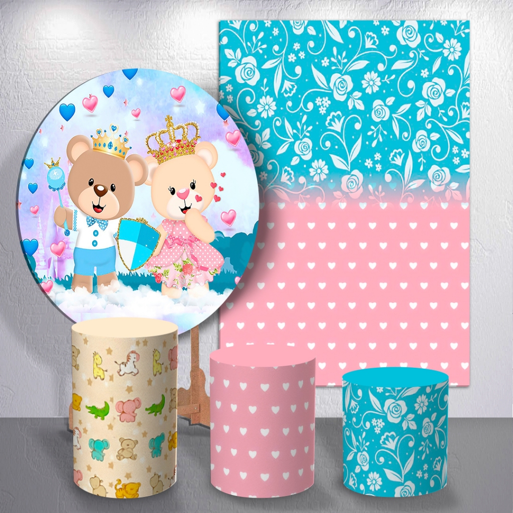 Chá Revelação Ursinhos Painel Sublimado Azul Rosa Capas Festa Menino Menina Decoração Delicada

